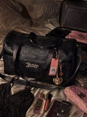 Juicy Couture Heartless Weekender Black Logo Travel Duffel with Gold Crown Charm
